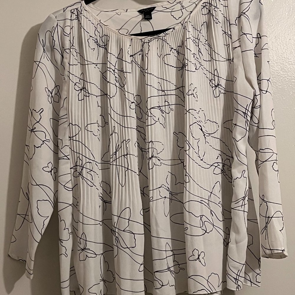 Ann Taylor 3/4-sleeve Off-white/Black Micro-pleated Blouse Top Shirt Size MP